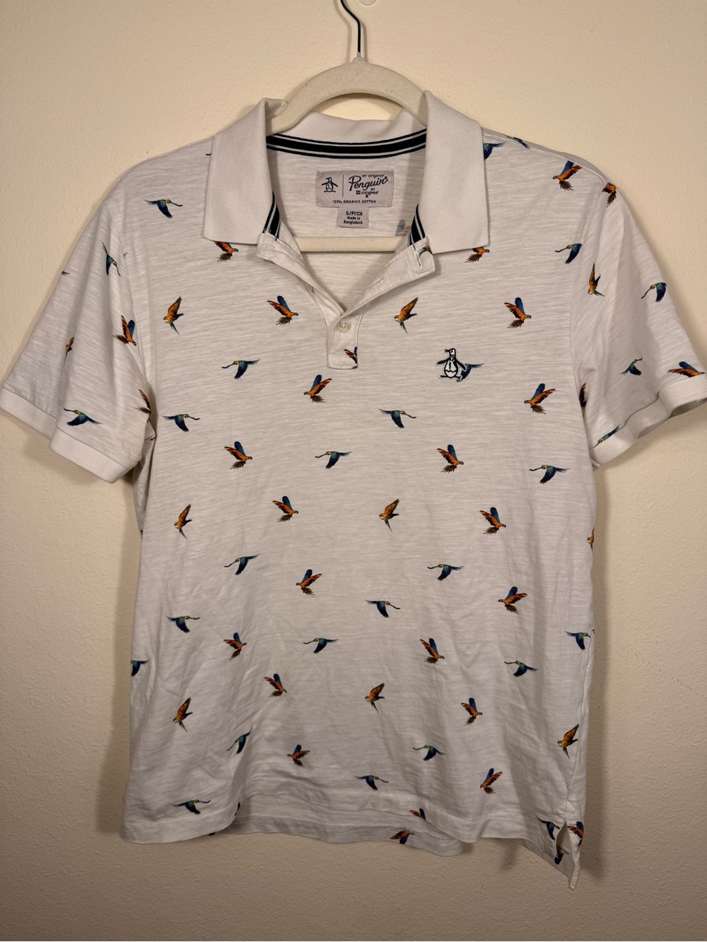 Original Penguin White Polo with Multicolor Bird Print Small Preppy Organic